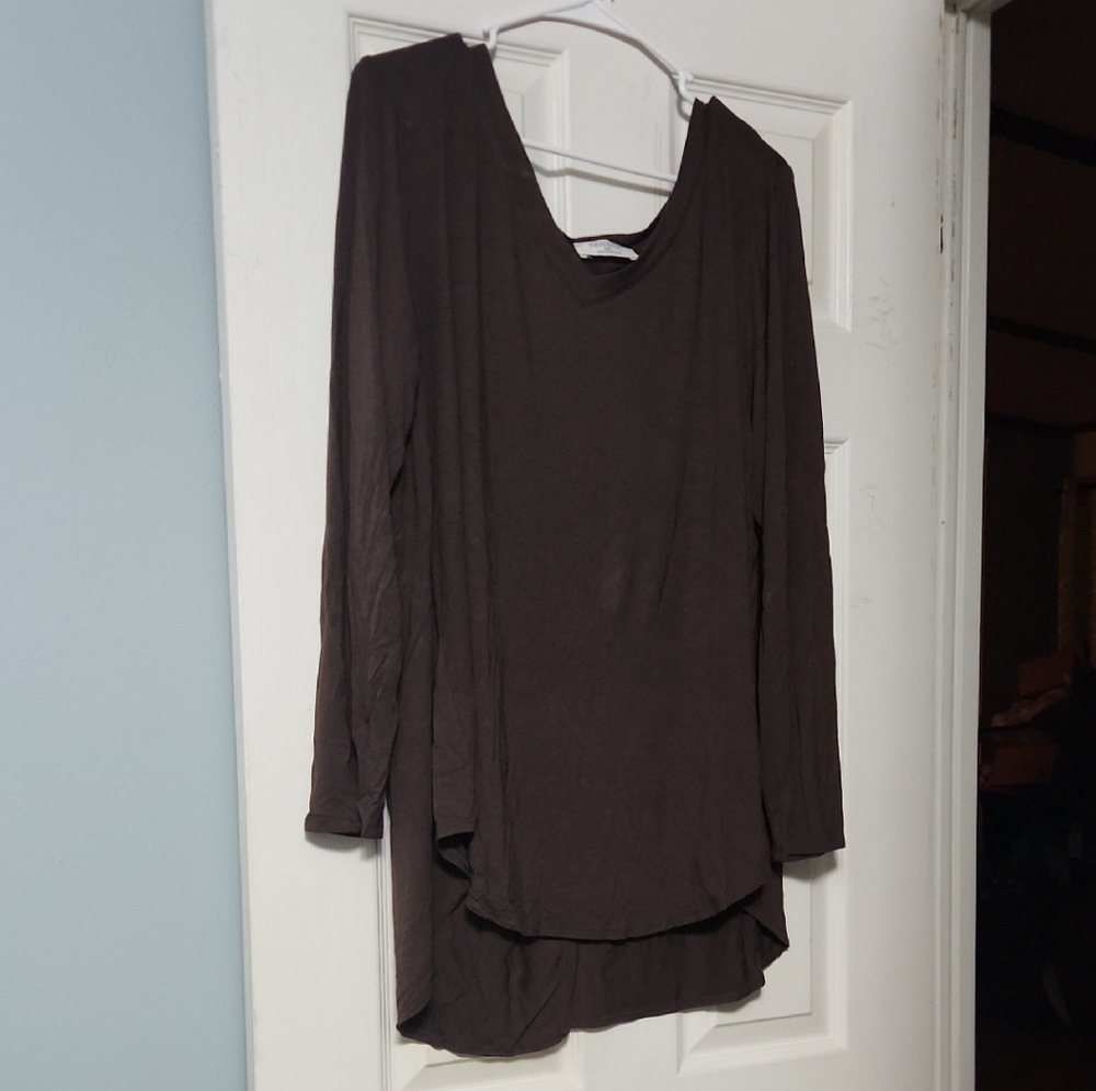 3X Zenana Brown Long Sleeve V Neck